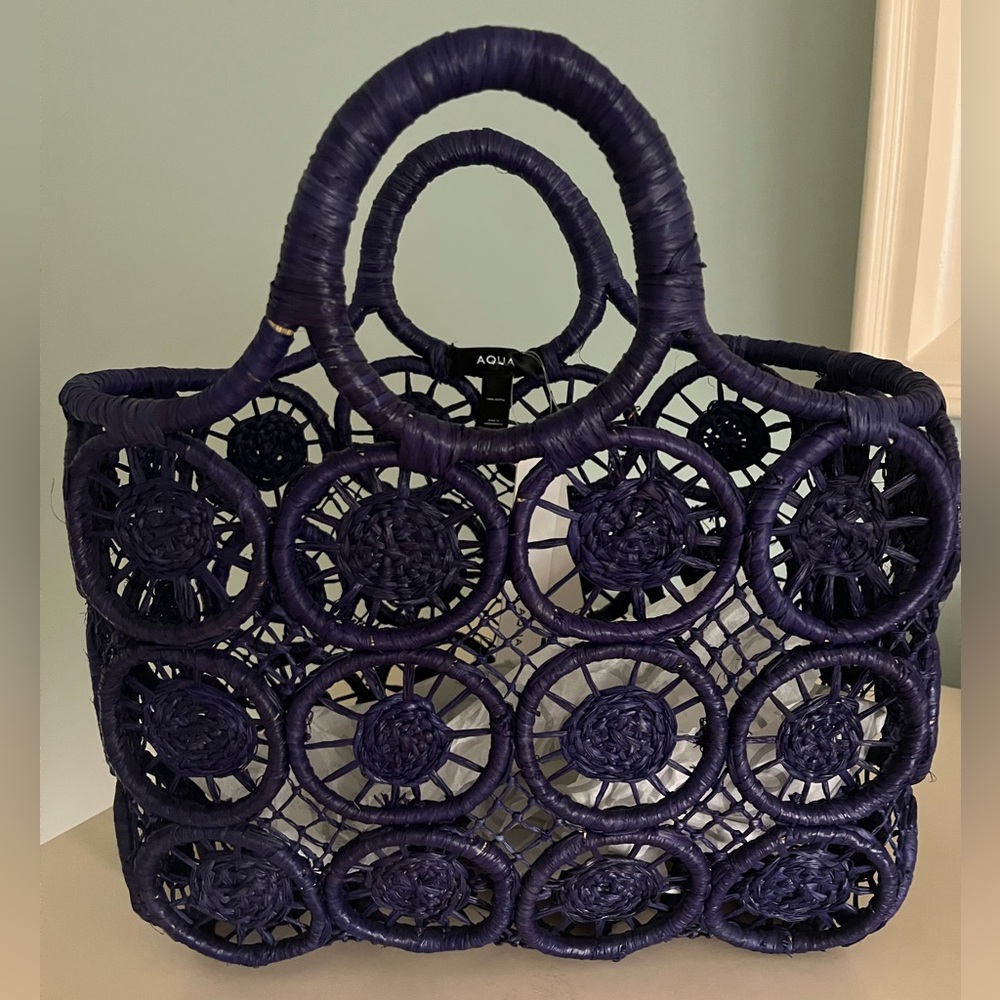 AQUA by Bloomingdales Blue Structured Woven Handbag NWT